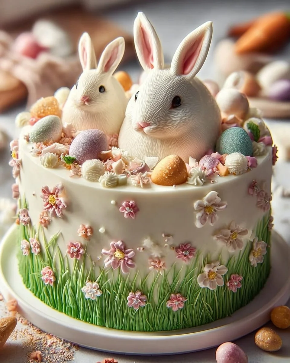 Spring baby shower setup with an Easter Bunny theme, featuring decorations and treats.