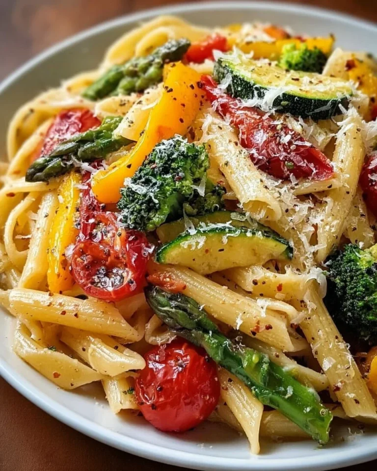 Delicious spring pasta dish with fresh vegetables and herbs.