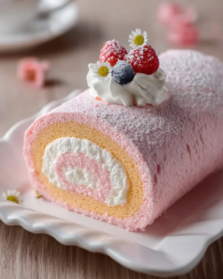 Springtime Pink Swiss Roll with a fluffy exterior and vibrant filling