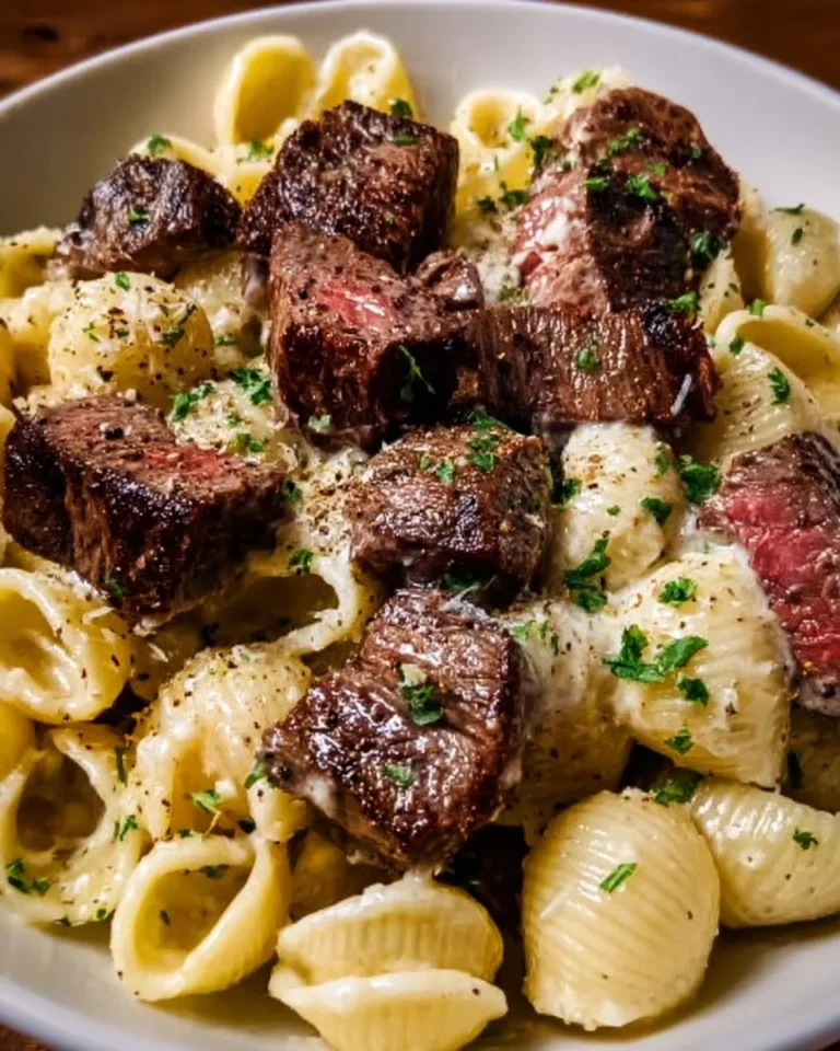Delicious steak bites with shell pasta in a savory dish