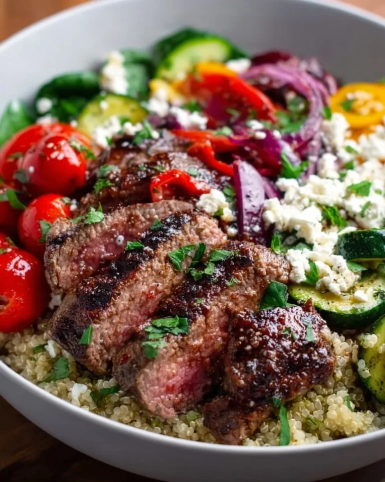 Delicious Steak Bowl inspired by the Mediterranean diet with fresh veggies and herbs.