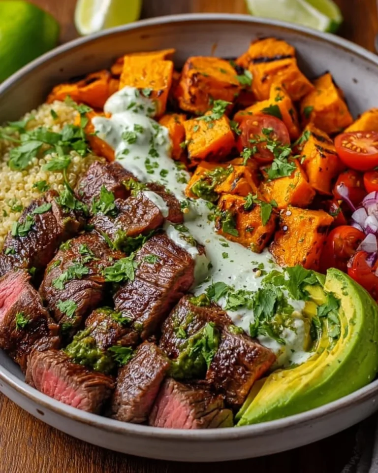 Steak Power Bowl with sweet potatoes and fresh vegetables for a healthy meal