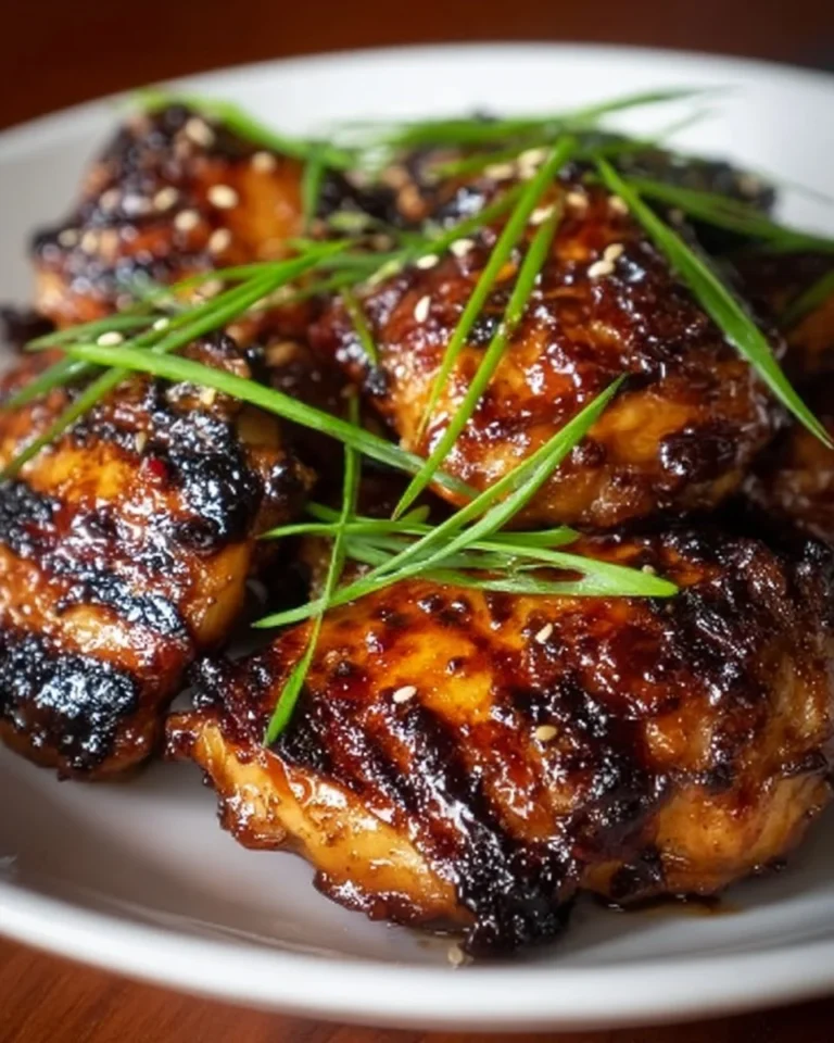 A plate of sticky Asian glazed chicken garnished with sesame seeds and green onions.