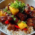 Delicious Sticky Pineapple Pork Bowls served in a bowl