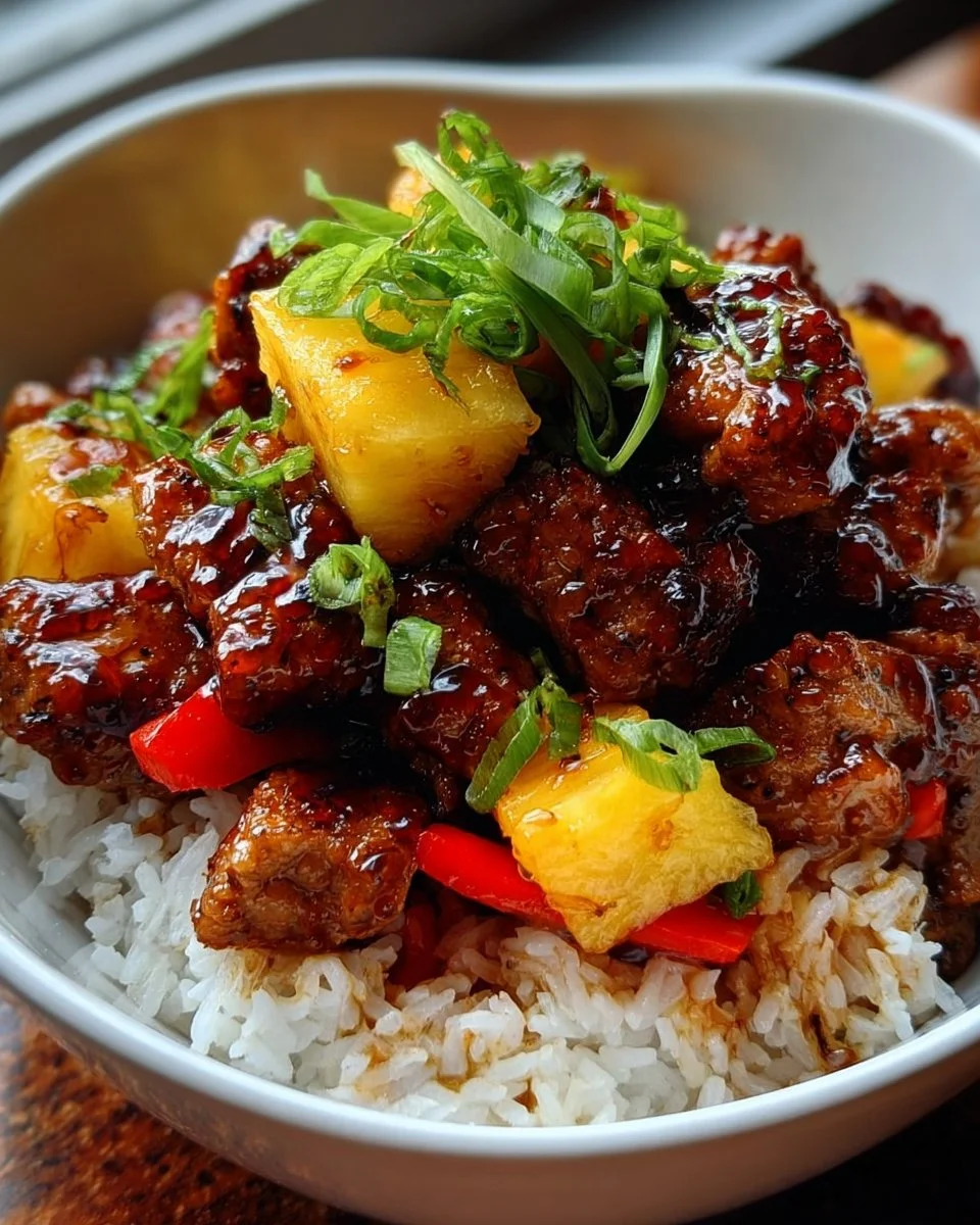 Delicious Sticky Pineapple Pork Bowls served in a bowl