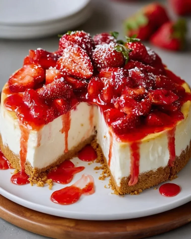 Delicious strawberry cheesecake topped with fresh strawberries and cream