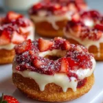 Delicious strawberry cheesecake donuts topped with cream and fresh strawberries