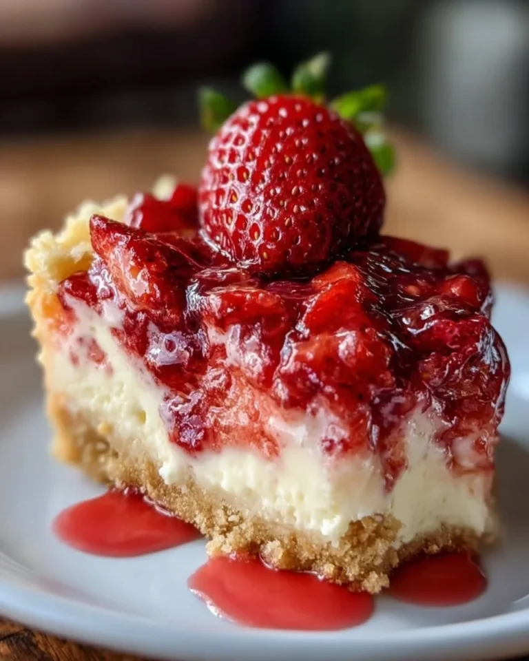 Delicious Strawberry Cheesecake Dump Cake dessert served with fresh strawberries.