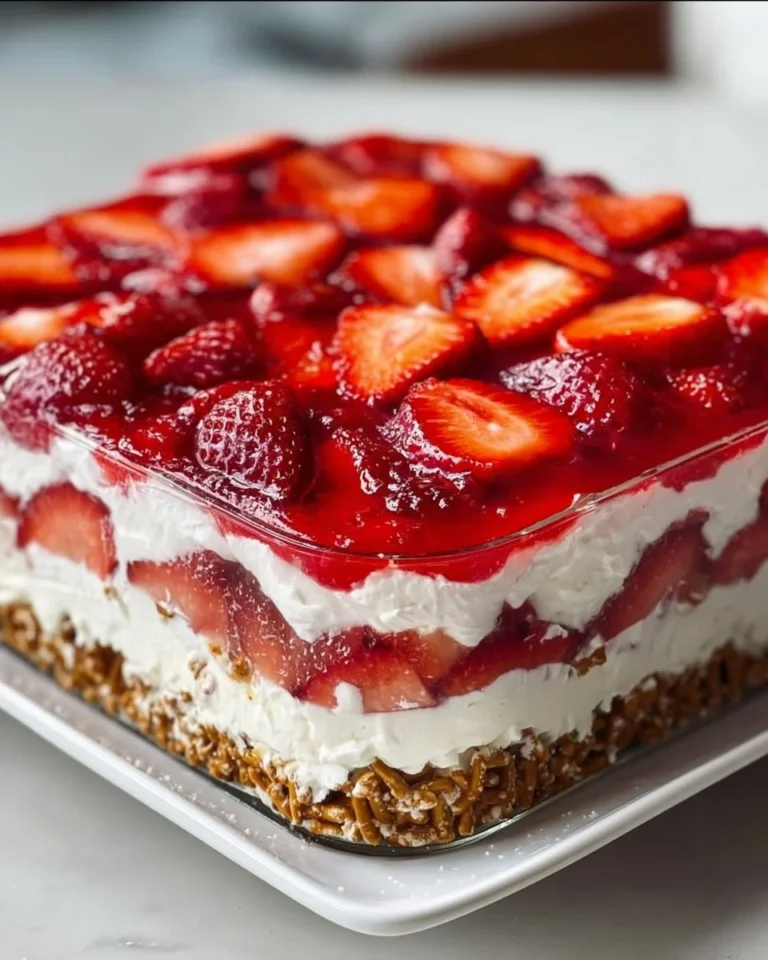 Delicious Strawberry Pretzel Salad with layers of strawberries and cream cheese on a pretzel crust