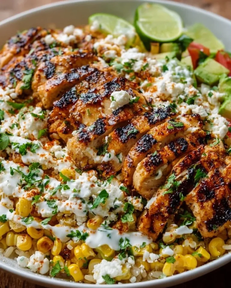 Street Corn Chicken Rice Bowl with grilled chicken and flavorful toppings