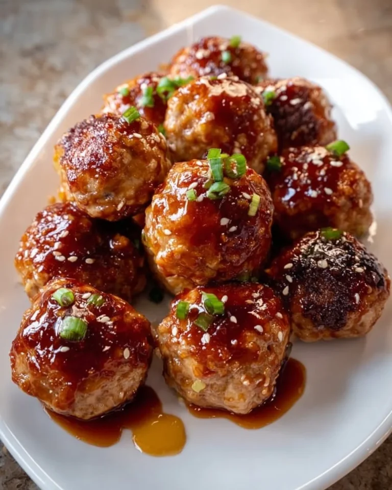 Delicious pineapple teriyaki chicken meatballs garnished with green onions.