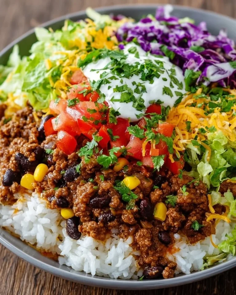 Delicious Taco Rice Bowl topped with seasoned beef, cheese, and fresh veggies.