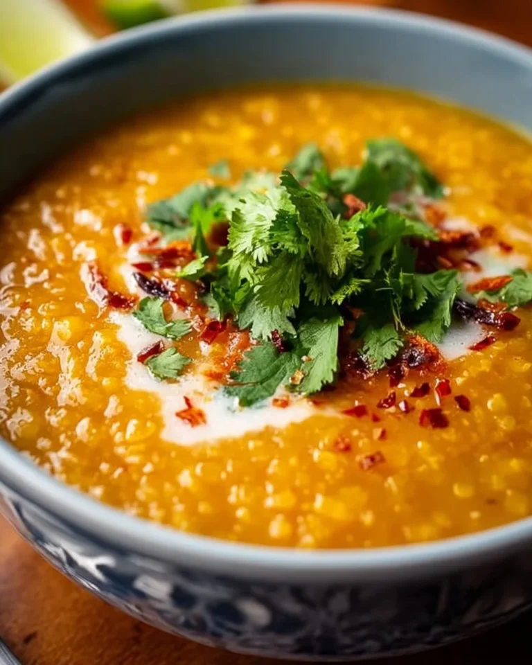Bowl of Thai Coconut Red Lentil Soup garnished with herbs and spices