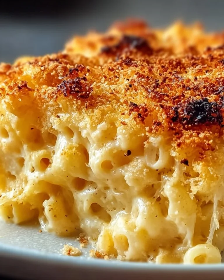 Delicious homemade baked mac and cheese topped with golden breadcrumbs