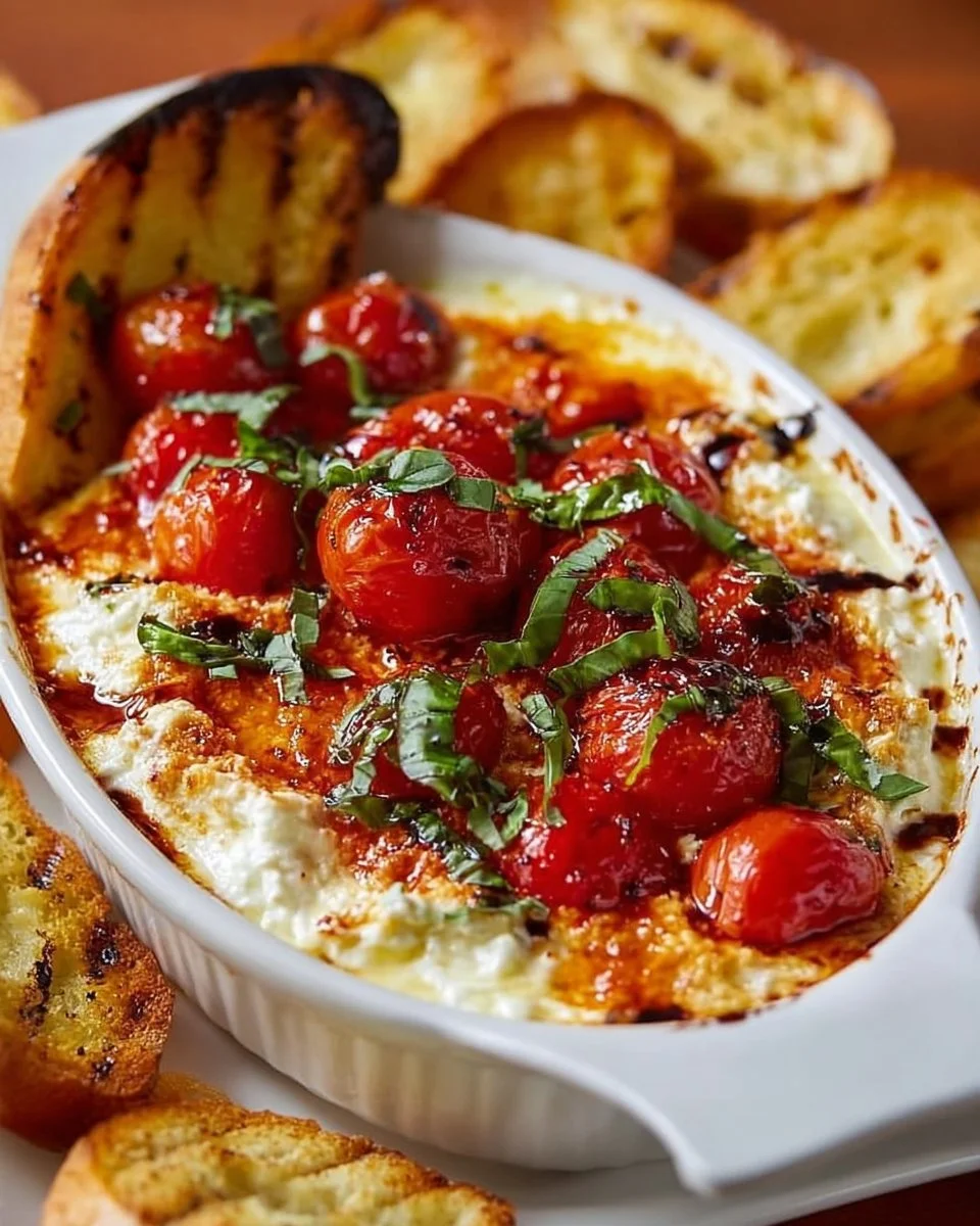 Delicious Three-Cheese Tomato Bruschetta Dip served on a platter with crusty bread.