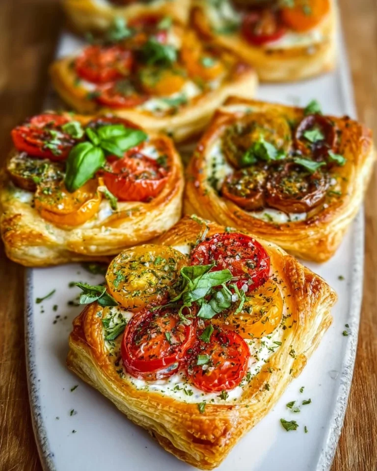 Tomato tartlets made with puff pastry, garnished with fresh herbs and cheese