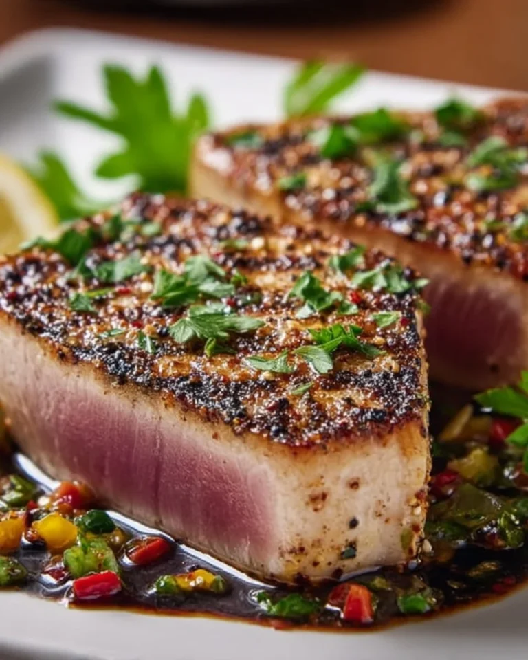 Grilled tuna steak served with lemon and herbs on a plate.