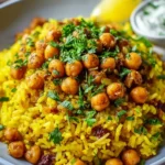 Bowl of turmeric rice with chickpeas, colorful spices, and fresh herbs