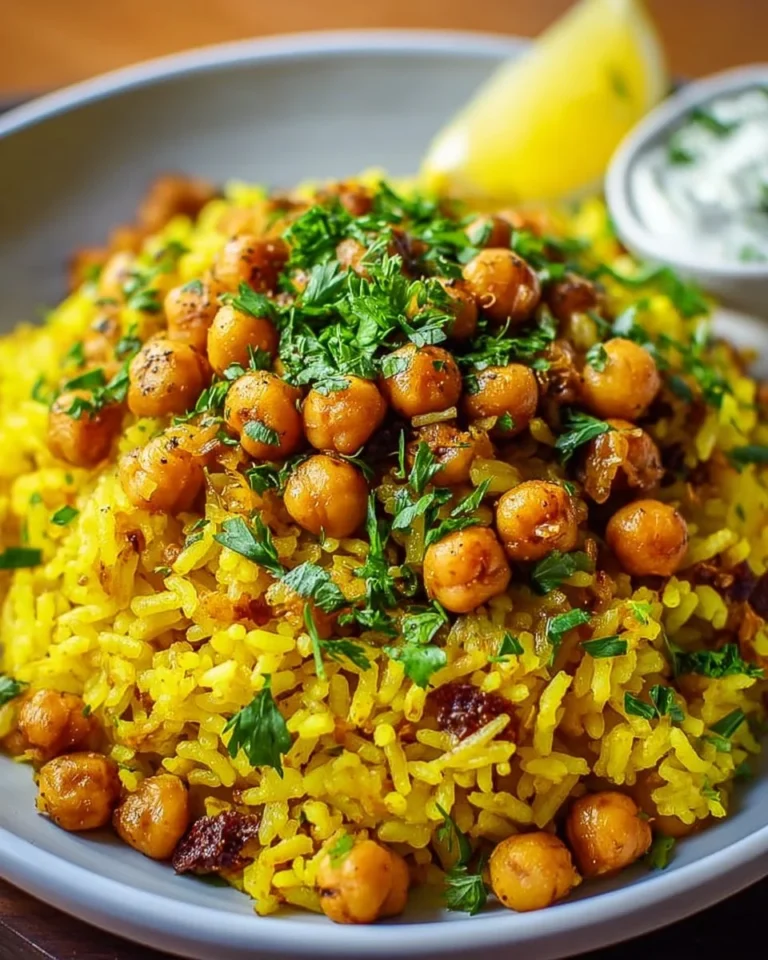Bowl of turmeric rice with chickpeas, colorful spices, and fresh herbs