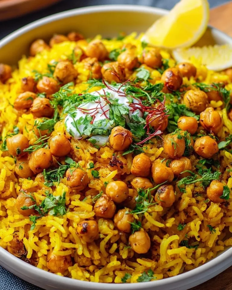 Bowl of turmeric rice with chickpeas, garnished with fresh herbs.