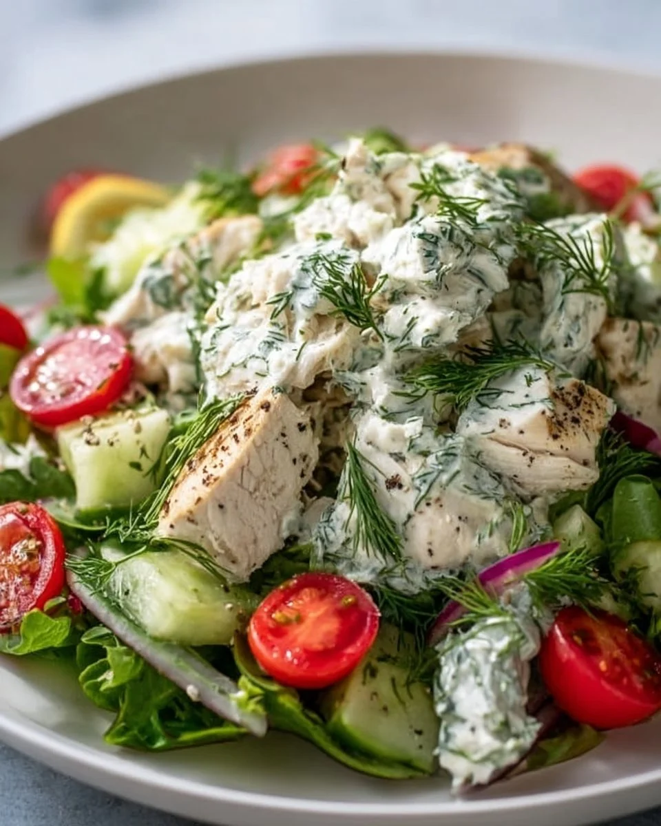 Bowl of Tzatziki Chicken Salad with fresh vegetables and dressing