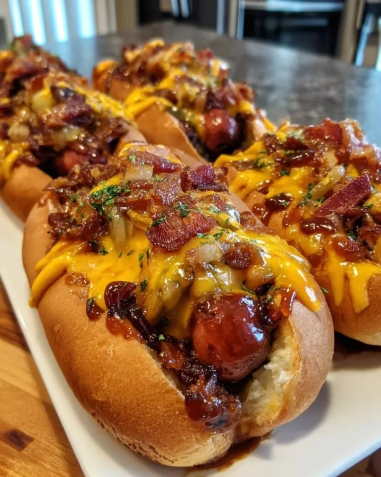 Ultimate BBQ bacon cheese loaded hot dogs ready for grilling.