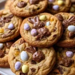 Ultimate Easter Bunny and Mini Egg Chocolate Chip Cookies on a decorative plate