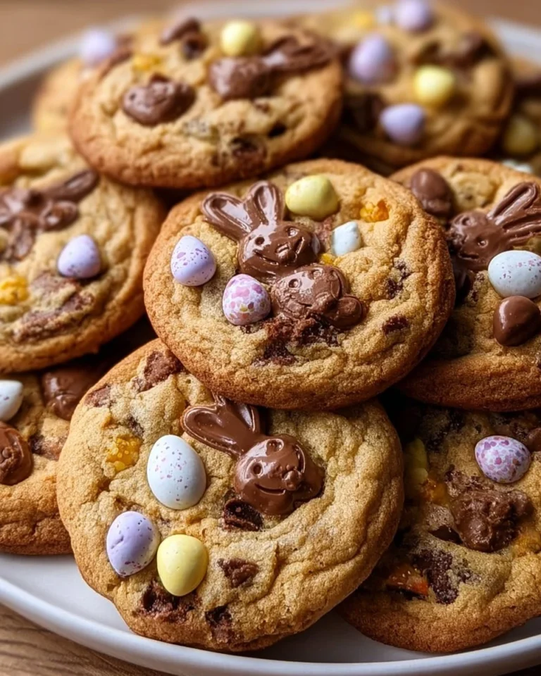 Ultimate Easter Bunny and Mini Egg Chocolate Chip Cookies on a decorative plate