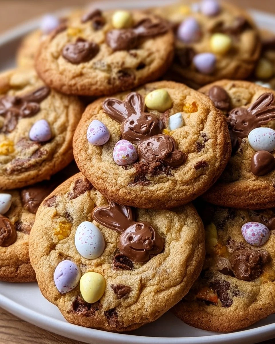 Ultimate Easter Bunny and Mini Egg Chocolate Chip Cookies on a decorative plate