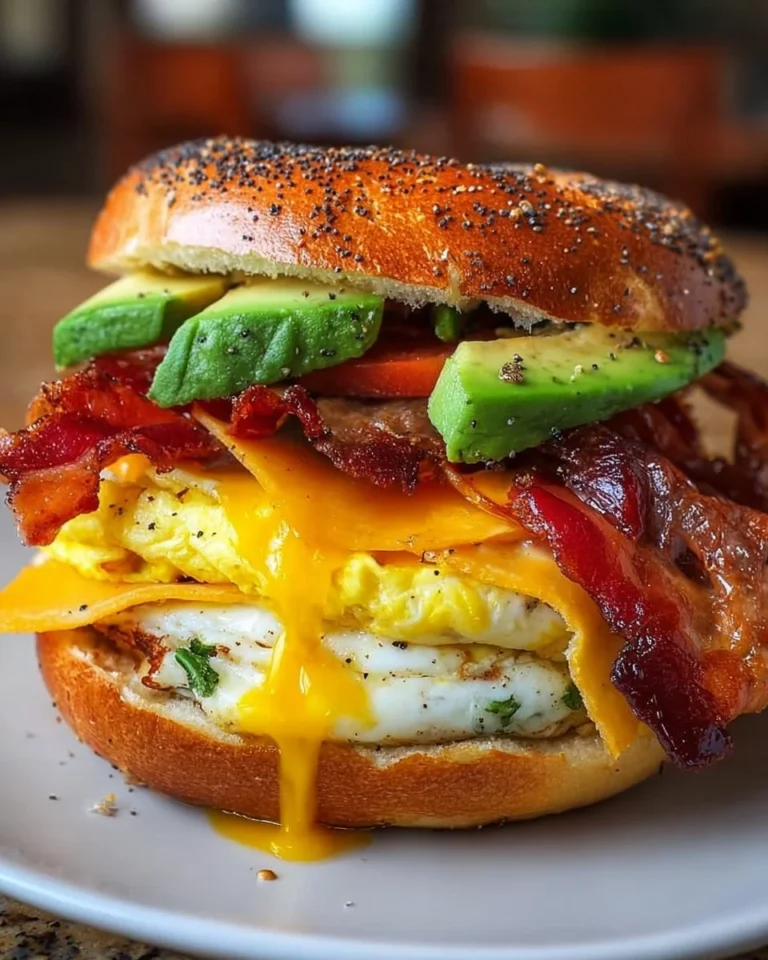 Delicious loaded breakfast bagel topped with eggs, bacon, and avocado.