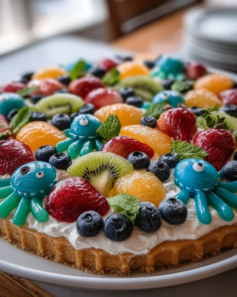 Under the Sea Fruit Pizza topped with colorful fruits and ocean-themed decorations.