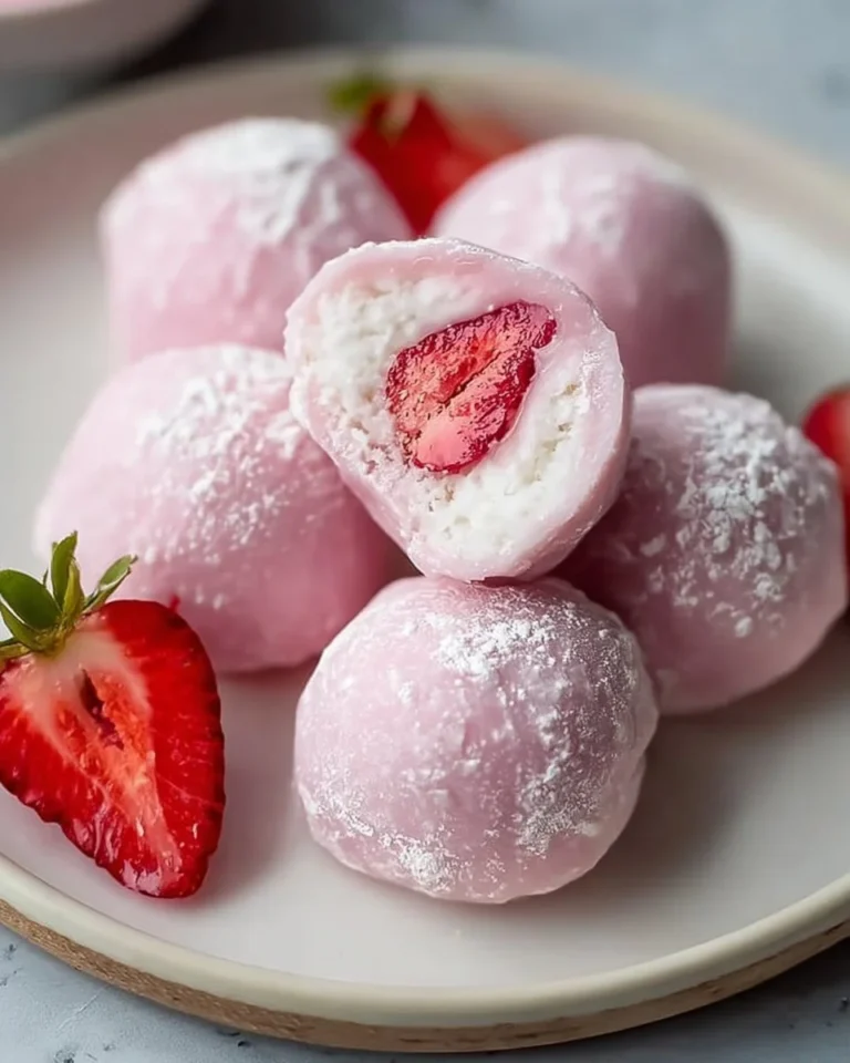 Delicious vegan strawberry mochi ice cream served in a bowl
