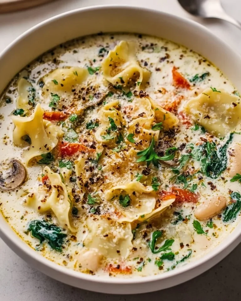 Delicious vegan white lasagna soup in a bowl with fresh herbs on top