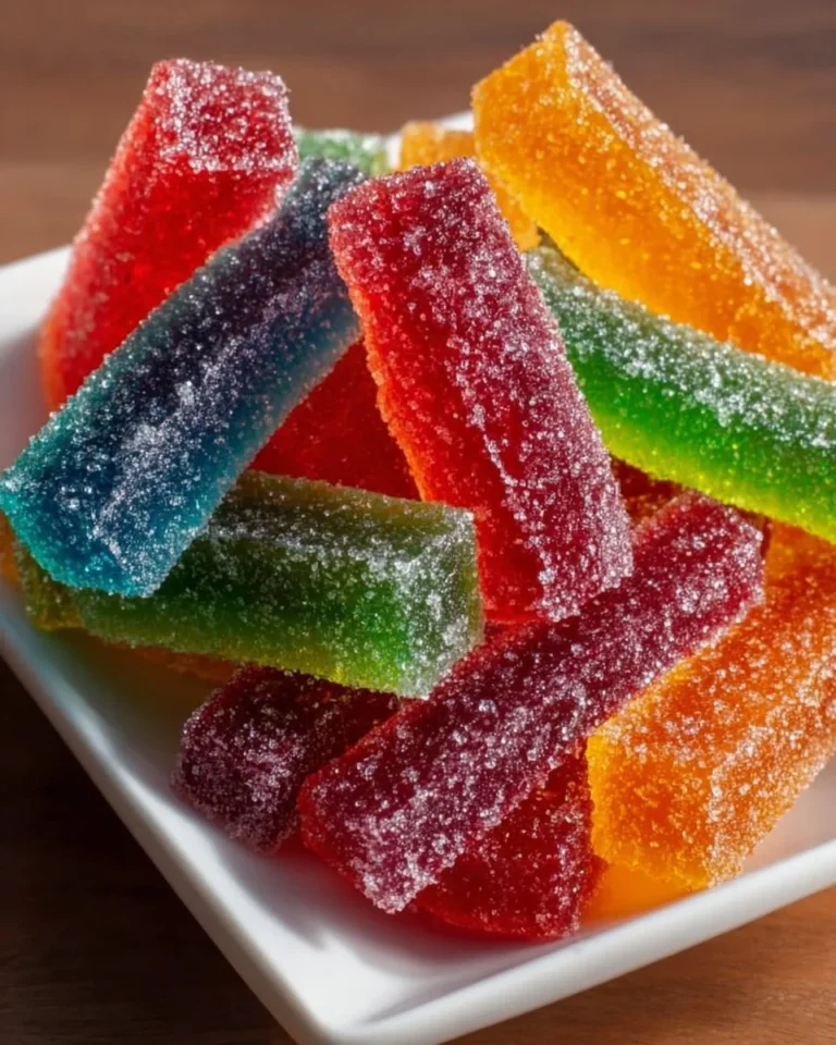 Colorful gummy fruit sticks in various flavors for a delightful snack.