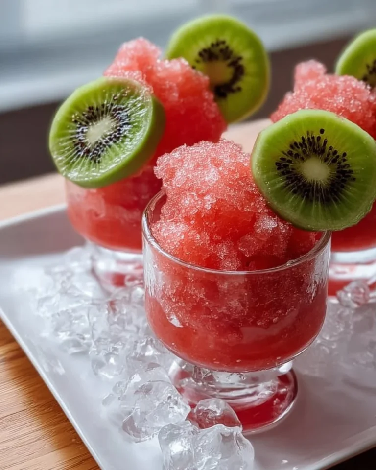 A vibrant watermelon kiwi granita served in a glass, showcasing its refreshing texture.