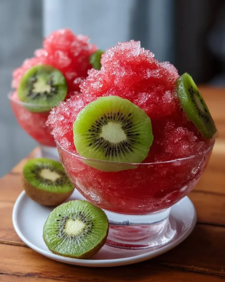 Refreshing watermelon kiwi granita served in a bowl with fresh fruit.