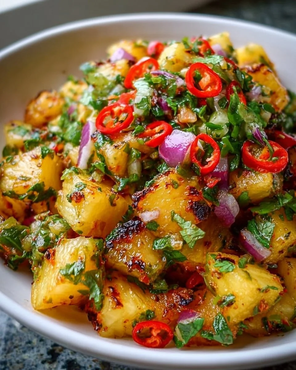 Delicious zesty grilled pineapple salsa served in a bowl.