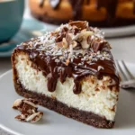 Delicious Almond Joy Cheesecake topped with chocolate, coconut, and almonds.