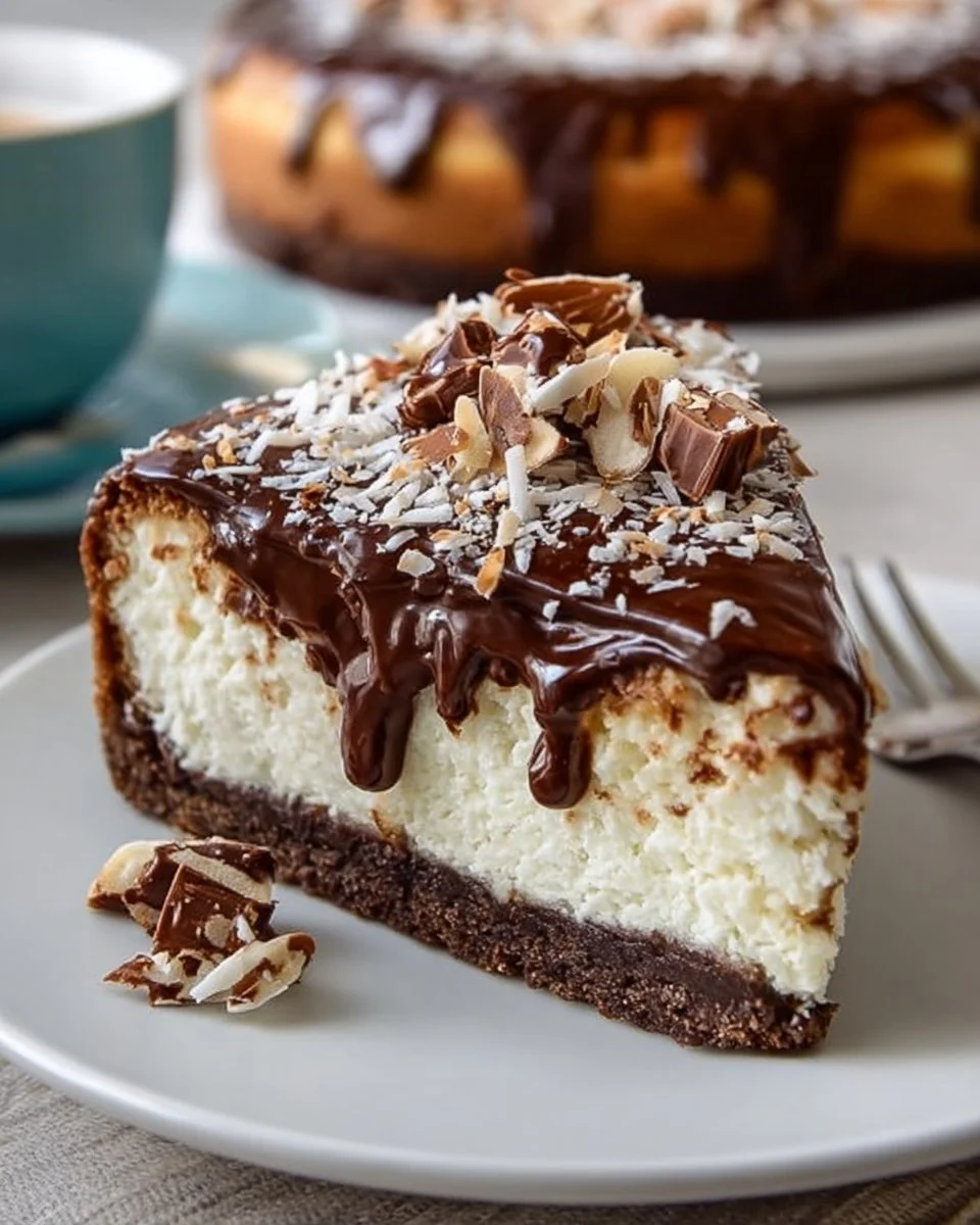 Delicious Almond Joy Cheesecake topped with chocolate, coconut, and almonds.
