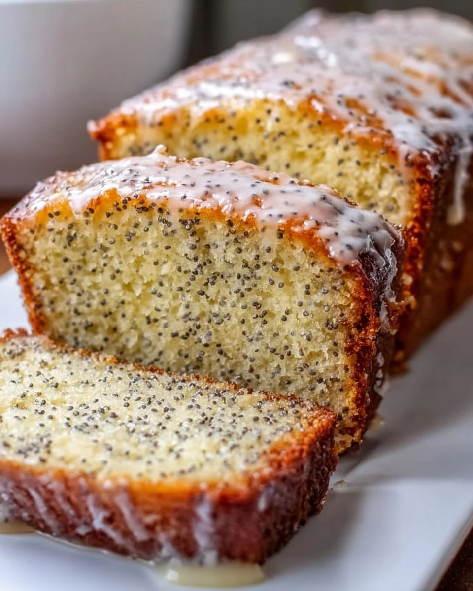Sliced Almond Poppyseed Loaf Cake on a wooden table