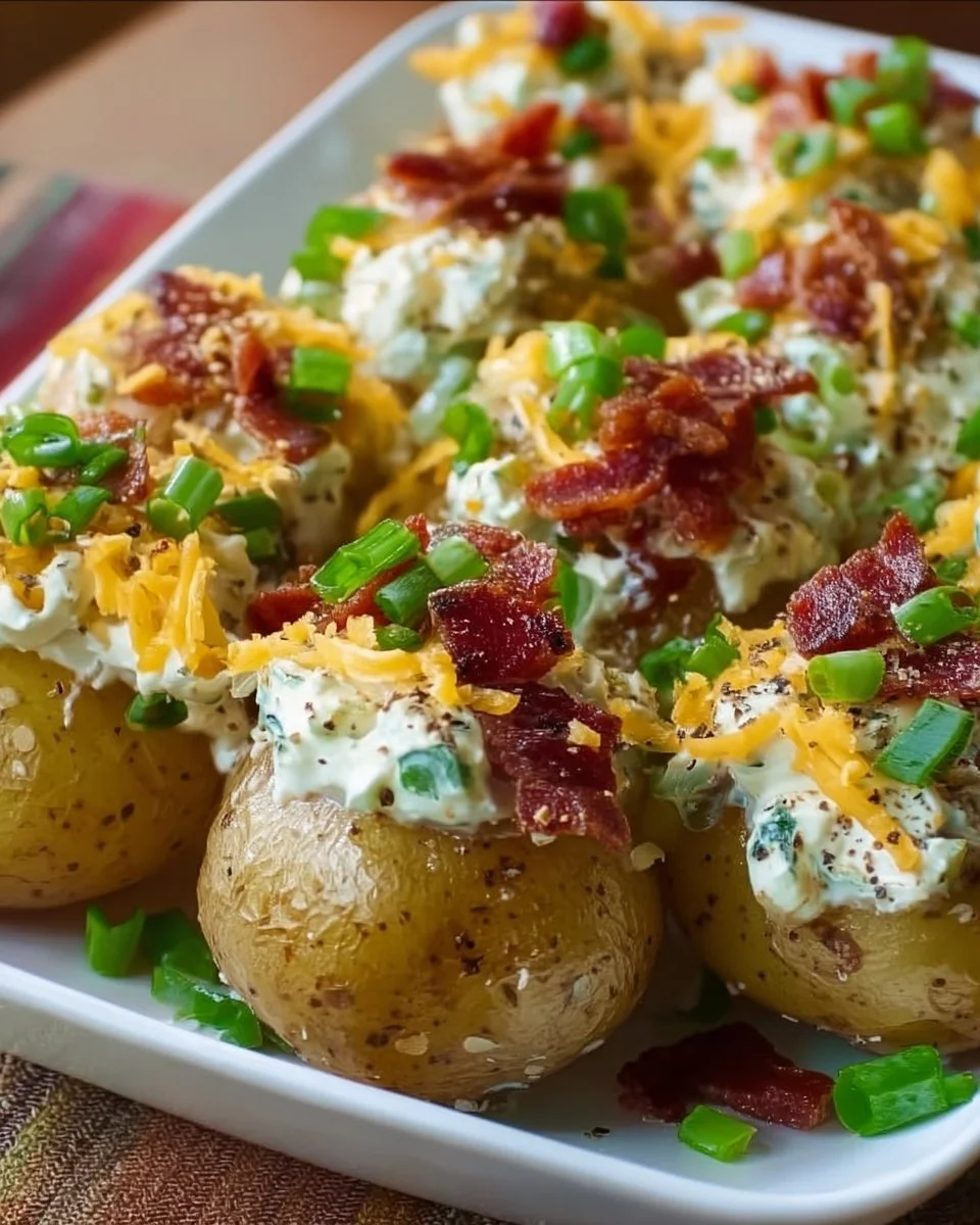 A bowl of Bacon Loaded Potato Salad garnished with fresh herbs and crispy bacon.