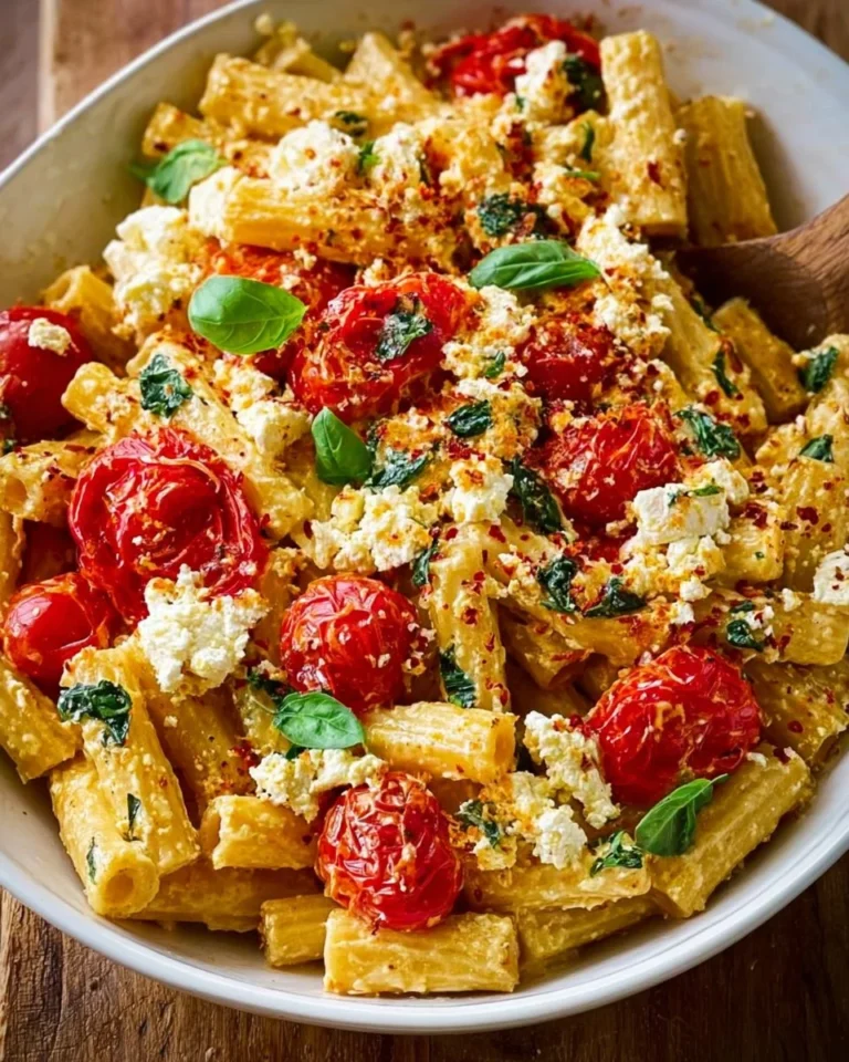 Delicious baked feta pasta with cherry tomatoes and basil in a serving dish