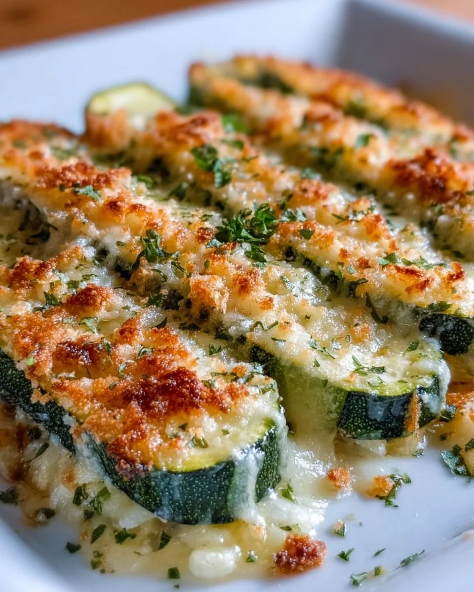 Baked Parmesan Zucchini Gratin topped with golden cheese and herbs