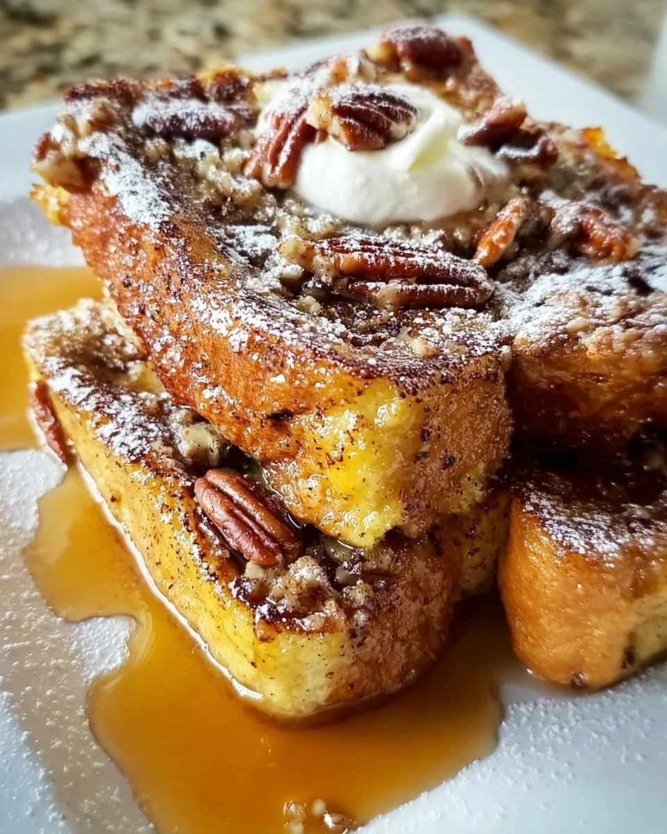 Baked Pecan French Toast served with maple syrup and pecans on top