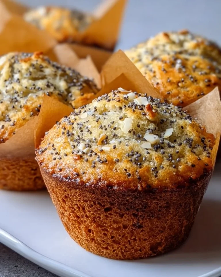 Bakery-style almond poppy seed muffins displayed on a rustic wooden table