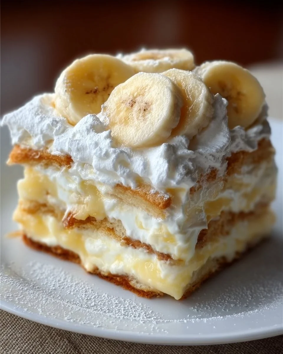 Delicious banana pudding lasagna served in a glass dish