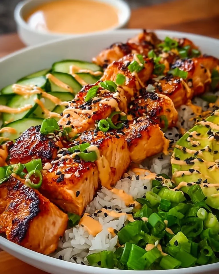 Delicious Bang Bang Salmon Bowls with Rice topped with fresh ingredients.
