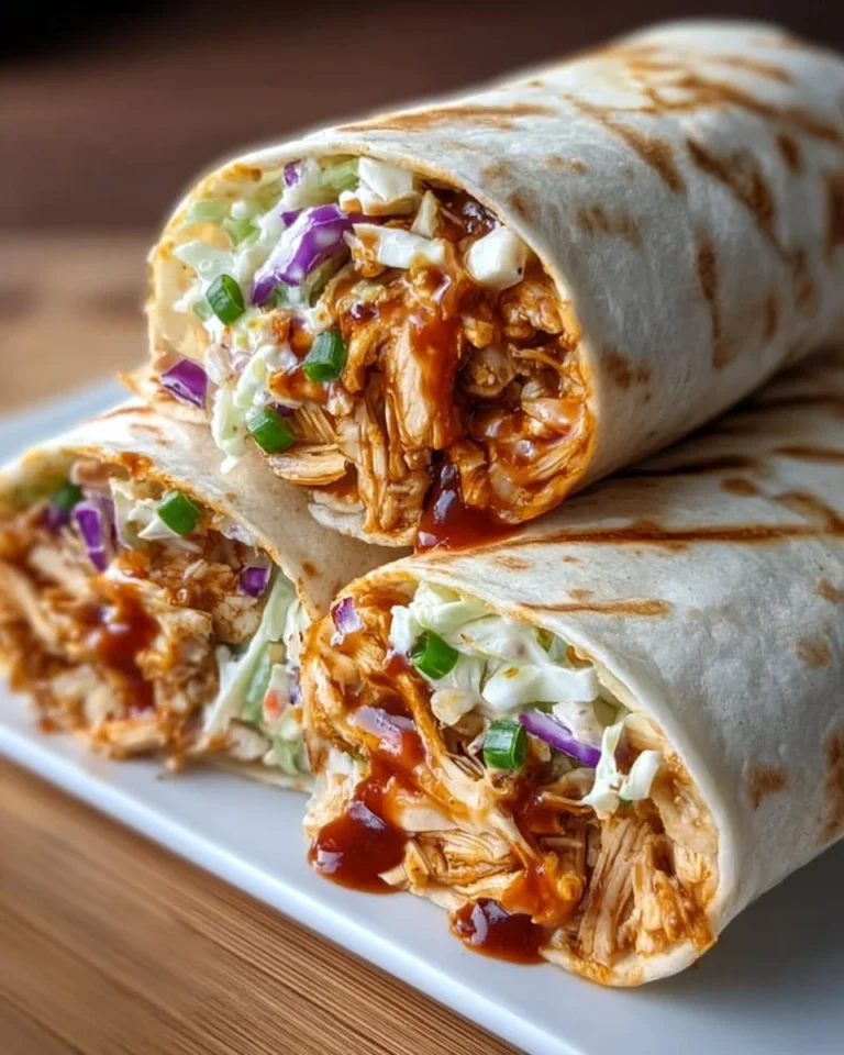 BBQ chicken coleslaw wraps served on a rustic wooden table