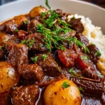 Delicious Beef Stifado served with fresh herbs and vegetables
