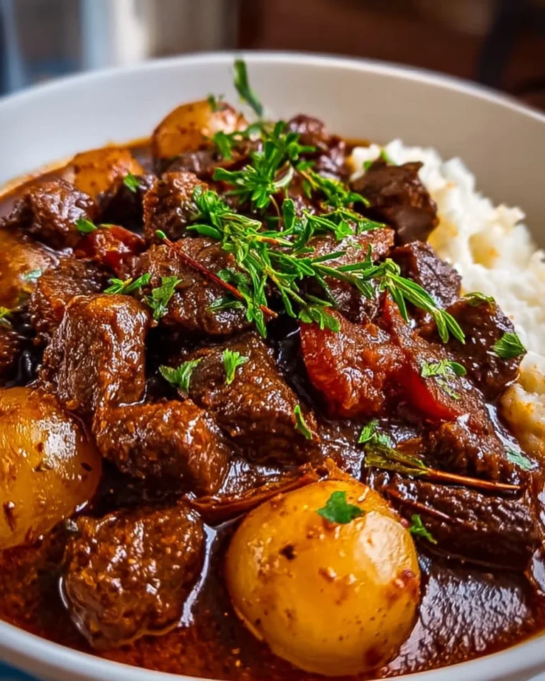 Delicious Beef Stifado served with fresh herbs and vegetables